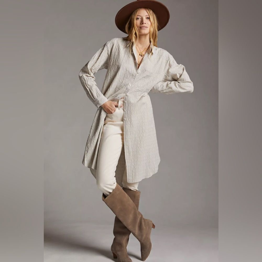 MAEVE Anthropologie Tan Plaid Longsleeve Tunic Button Down Shirt Sz XXS Runs Big